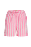 Lyserøde shorts med lodrette hvide og lyseblå striber, elastisk talje og bindebånd.