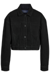 Sort, cropped denimjakke med løs pasform, knaplukning og krave ved halsen.
