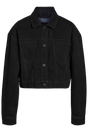 Sort, cropped denimjakke med løs pasform, knaplukning og krave ved halsen.