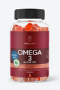 Transparent beholder med røde gummier, mærket "VitaYummy Omega 3", fersken-smag, 60 stk, vegansk.
