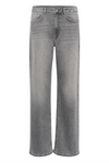 Lysegrå jeans med fem lommer og knaplukning, lige ben og let slidte detaljer.