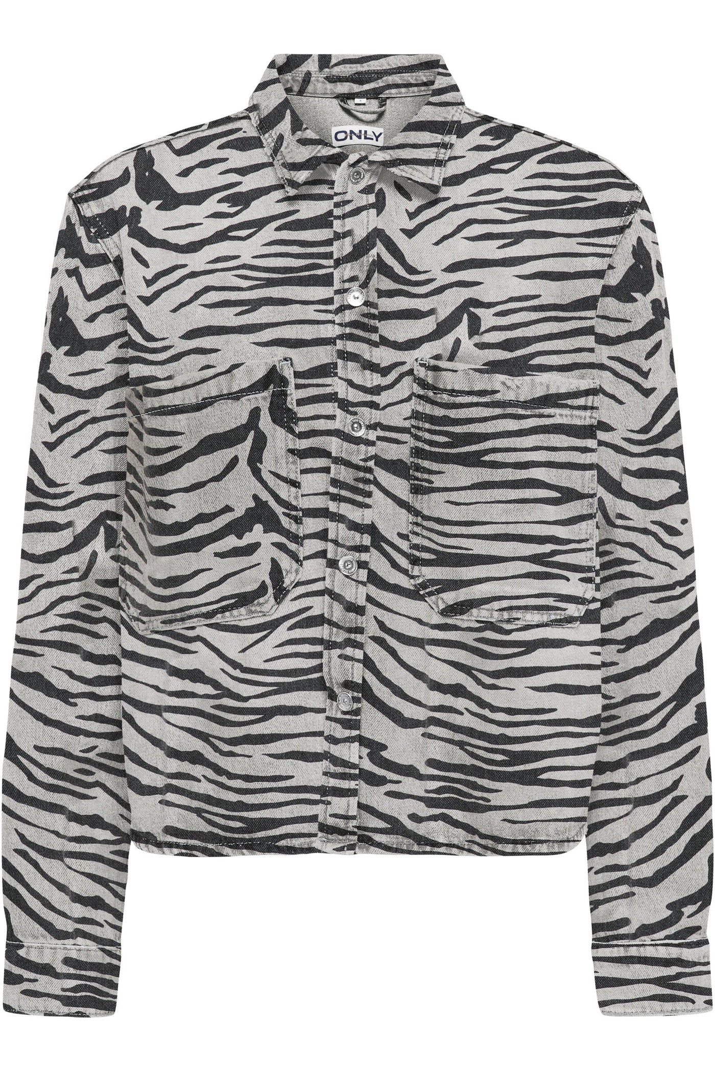 Zebra-mønstret denimbluse med knapper, krave og to brystlommer.