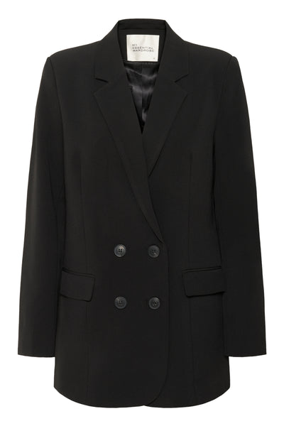 Skræddersyet sort blazer med to rækker knapper og indvendigt mærke fra My Essential Wardrobe.