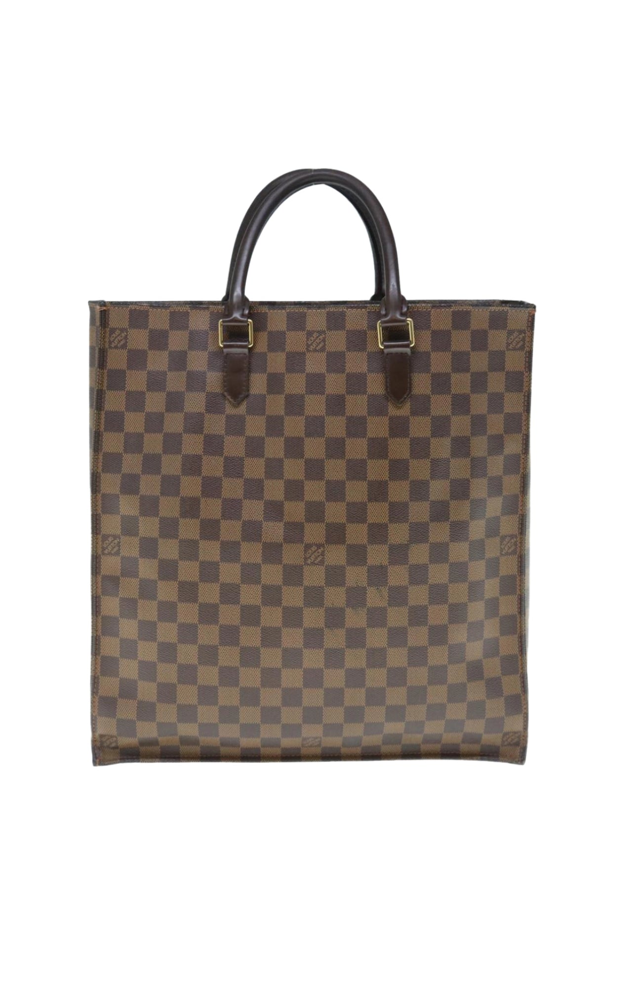 Louis Vuitton Sac Plat taske med ternet mønster, sorte håndtag og rektangulær form.