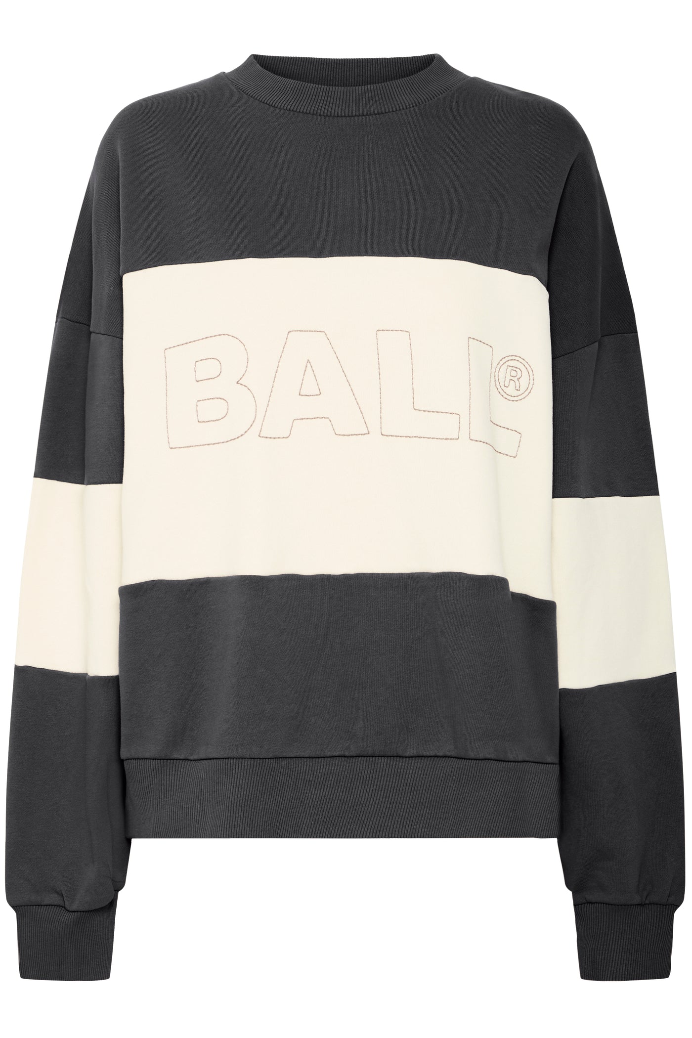 Sort og hvid sweatshirt med "BALL" skrevet foran. Klassisk rund hals og ribstrikkede manchetter.