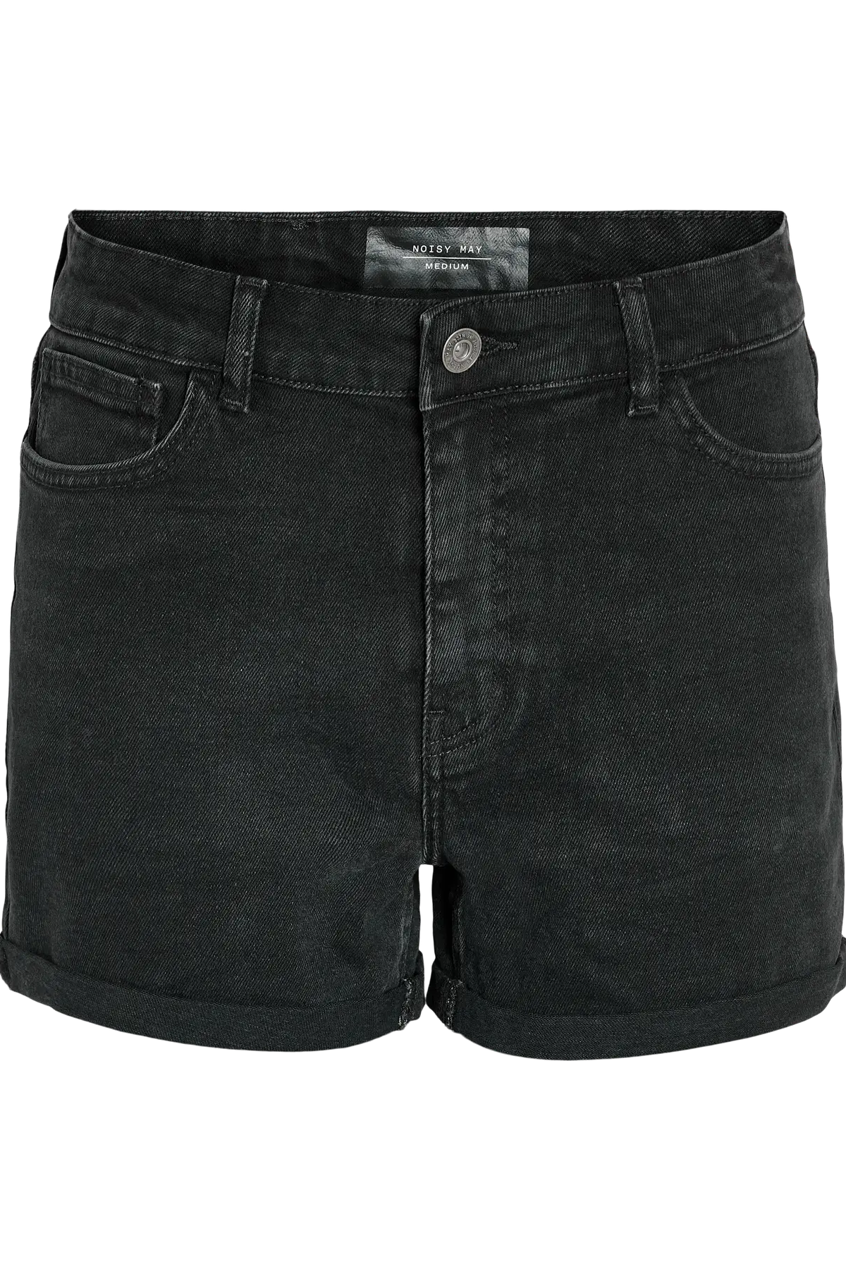 Sorte denimshorts med høj talje, opfoldet kant, to frontlommer og to baglommer fra Noisy May.