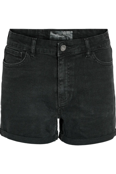 Sorte denimshorts med høj talje, opfoldet kant, to frontlommer og to baglommer fra Noisy May.