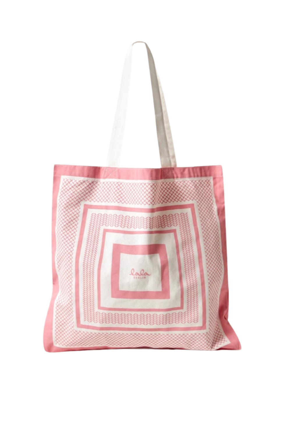 Lyserød og hvidstribet totebag med LALA BERLIN-logo og lyse håndtag. Mønstret kant omkring logoet.