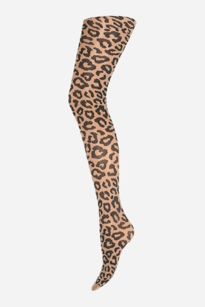 Nylonstrømpebukser med leopardmønster, gennemsigtige, fra tå til talje.