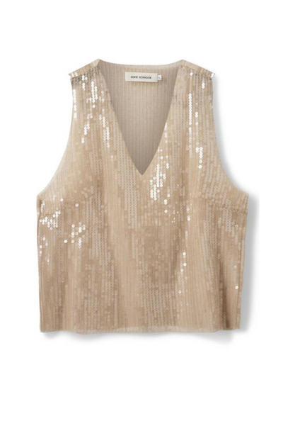 Beige, ærmeløs top med V-udskæring og pallietter, der skaber en skinnende effekt.