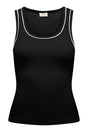 Sort tanktop med rund hals, hvide detaljer, brede stropper og ribbet materiale.