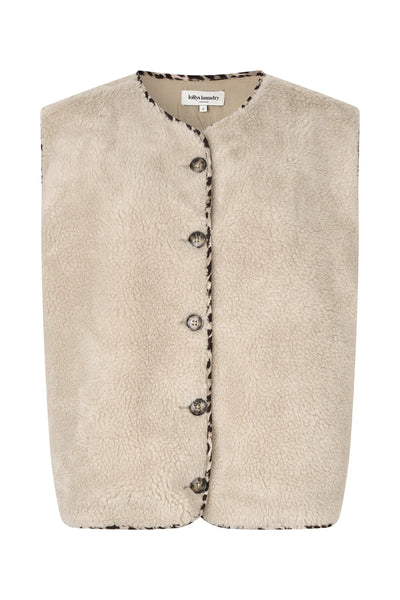 Beige vest med rund hals, blød tekstur, knaplukning foran og leopardillustration bagpå.