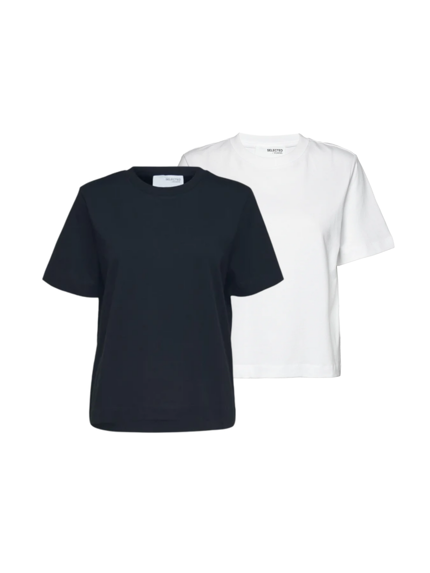 To boxy t-shirts i sort og hvid, løs pasform. Købsoption: 2 for 349 kr.