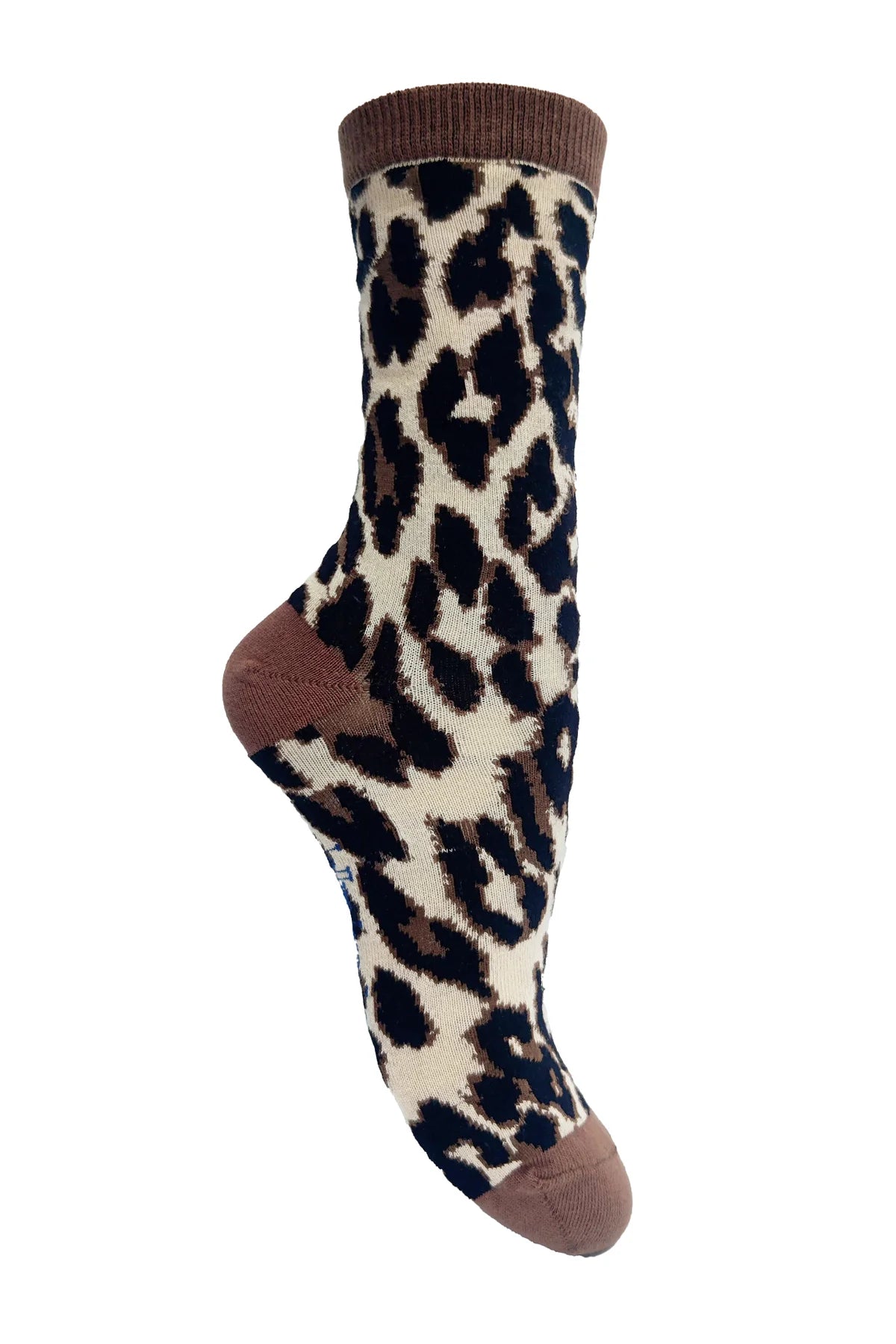 Sok med leopardmønster, lys baggrund, brun ribkant og brun tådel.