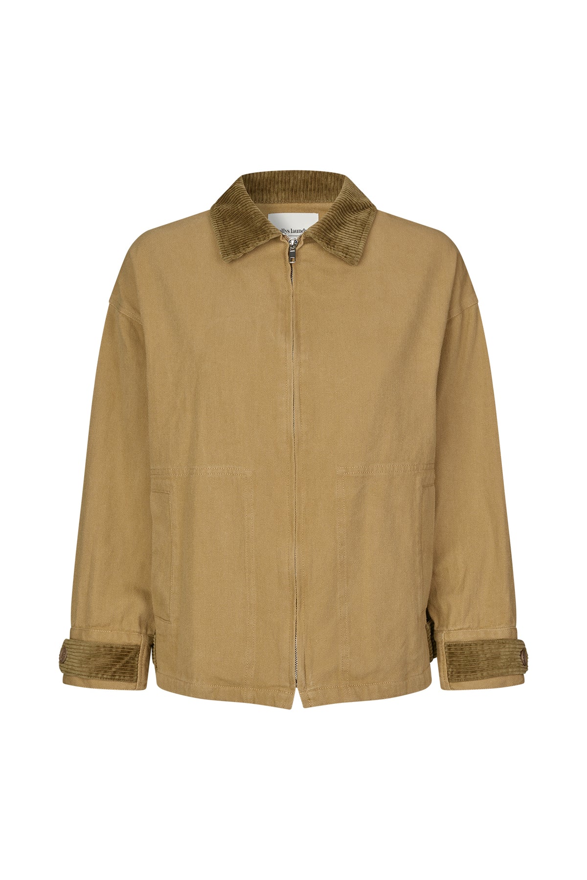 Khaki jakke med corduroy-krave, lynlås og to frontlommer.