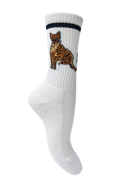 Hvide ribbede strømper med leopardprint og "lollys" mærketekst.