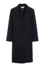 Sort trenchcoat fra Hunkøn med dobbeltradet knaplukning, lange ærmer og bagpå en slids.