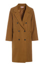 Brun trenchcoat med klassisk krave og sorte knapper. Dobbeltknappet og med en glat overflade.