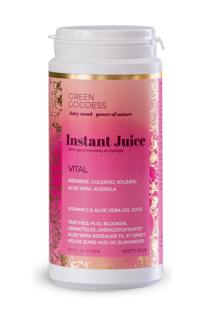 Hvid beholder med pink-guld etiket, "Green Goddess Instant Juice," vitamin C, genanvendelig emballage.