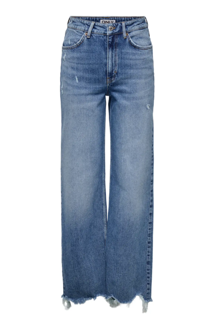 Blå denimjeans fra Only, model Juicy HW Dot. Høj talje, bred ben, flosset kant.