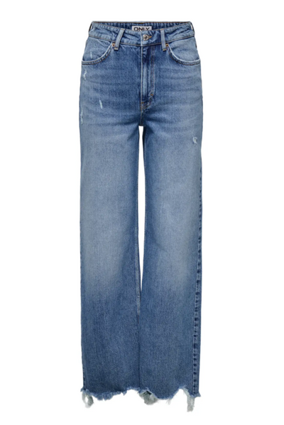 Blå denimjeans fra Only, model Juicy HW Dot. Høj talje, bred ben, flosset kant.