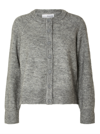 Grå cardigan med knapper, ribbet kant og rund halsudskæring fra Selected Femme.