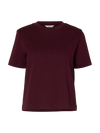 Boxy T-shirt i dyb figfarve, kortærmet, rund hals, afslappet pasform, ensfarvet uden mønster.