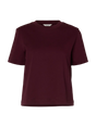 Boxy T-shirt i dyb figfarve, kortærmet, rund hals, afslappet pasform, ensfarvet uden mønster.