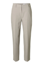 Beige bukser, cropped længde, skræddersyet pasform, bæltestropper, forreste lægdetaljer.