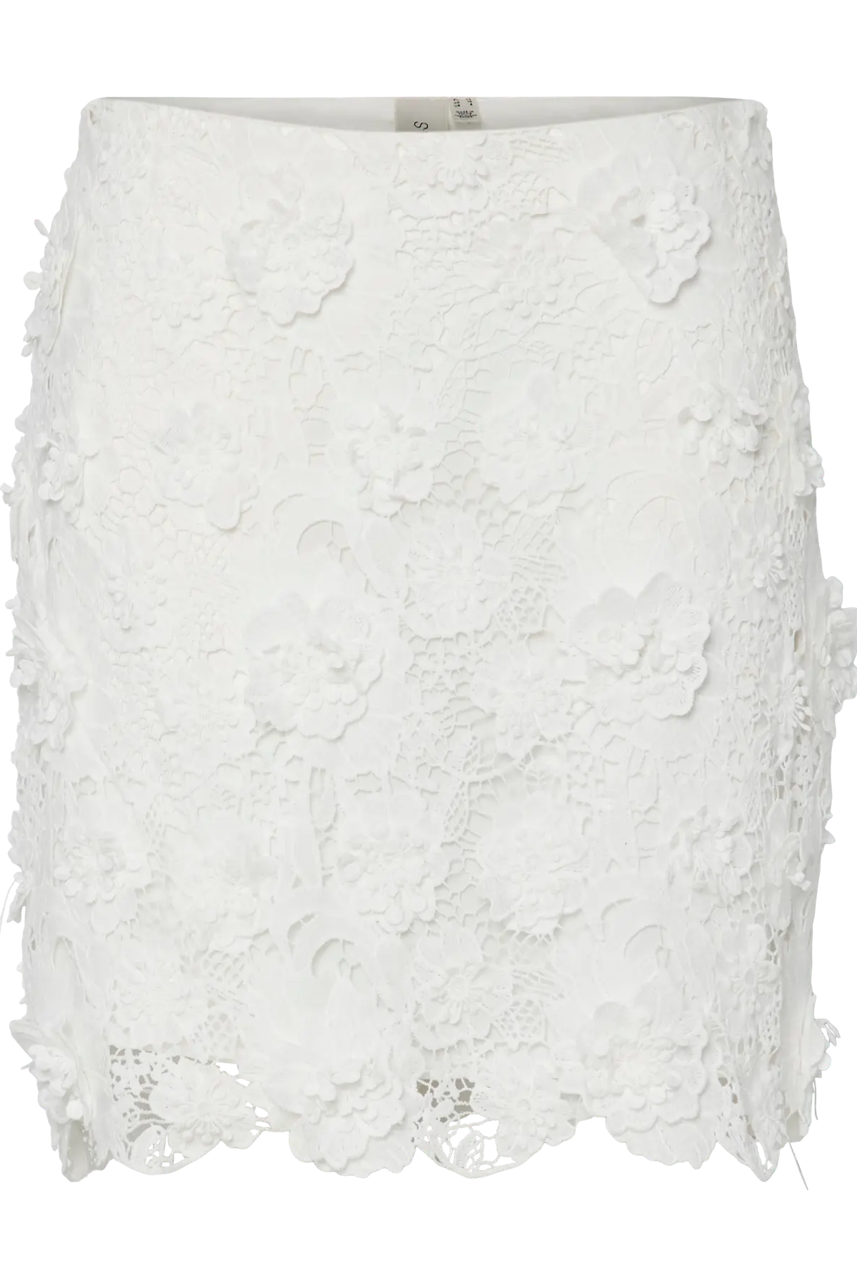 Hvid nederdel med blomsterblonde mønster og tekstur, elegant og detaljeret design.