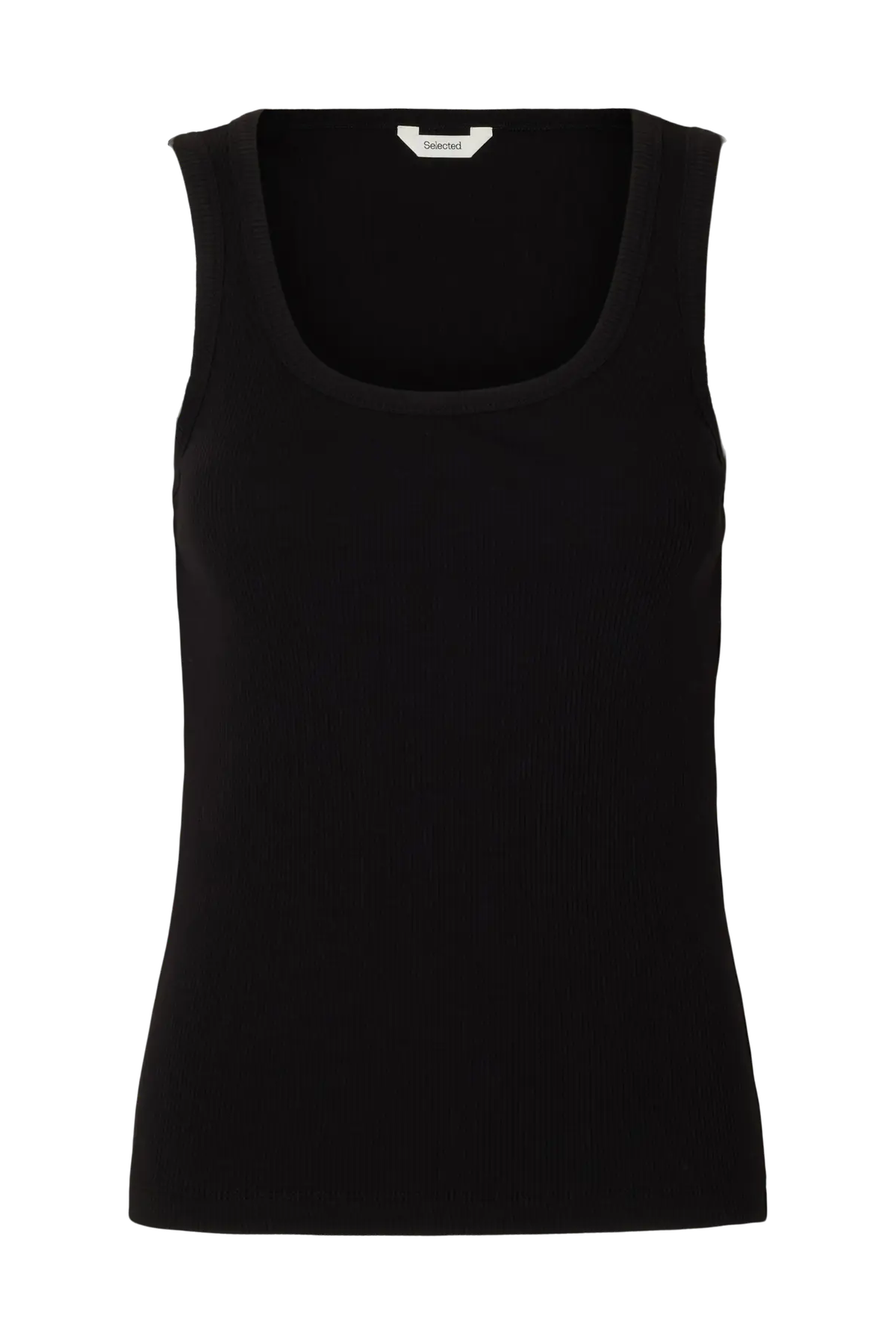 Sort tanktop med U-halsudskæring og ribbet tekstur, uden ærmer.