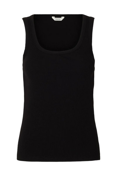Sort tanktop med U-halsudskæring og ribbet tekstur, uden ærmer.