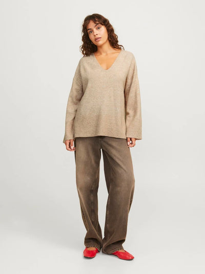 JJXX - V-neck oversize striktrøje - Beige - Lucca