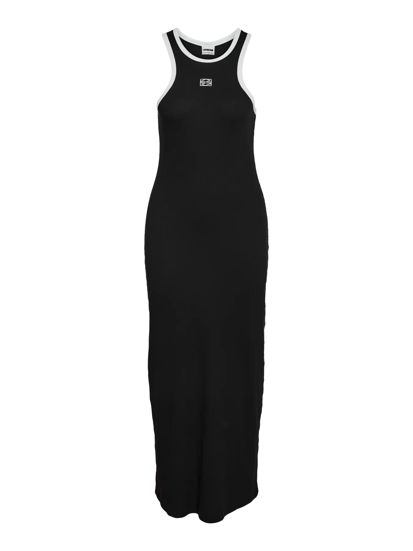 Sort maxi-kjole med hvid kant, racerback-design og logoapplikation på brystet.
