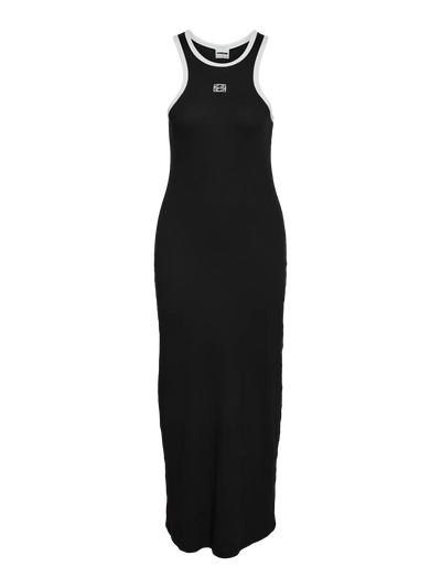 Sort maxi-kjole med hvid kant, racerback-design og logoapplikation på brystet.