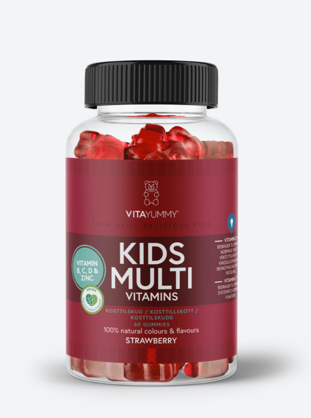 Flaske med røde gummy-vitaminer til børn, sort låg, mærkat med VitaYummy Kids Multi.