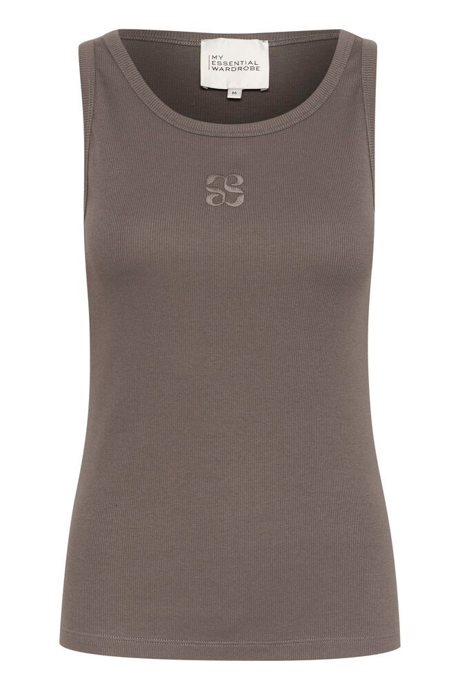 Brun, ærmeløs top med ribbet tekstur og broderet logo fra "MY ESSENTIAL WARDROBE."