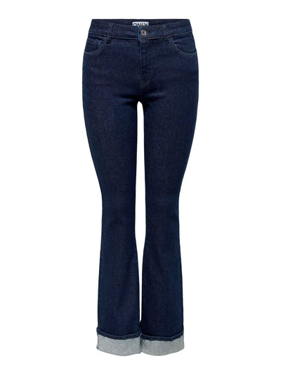 Mørk denim jeans med mellemhøj talje, frontlommer og opsmøgede manchetter.