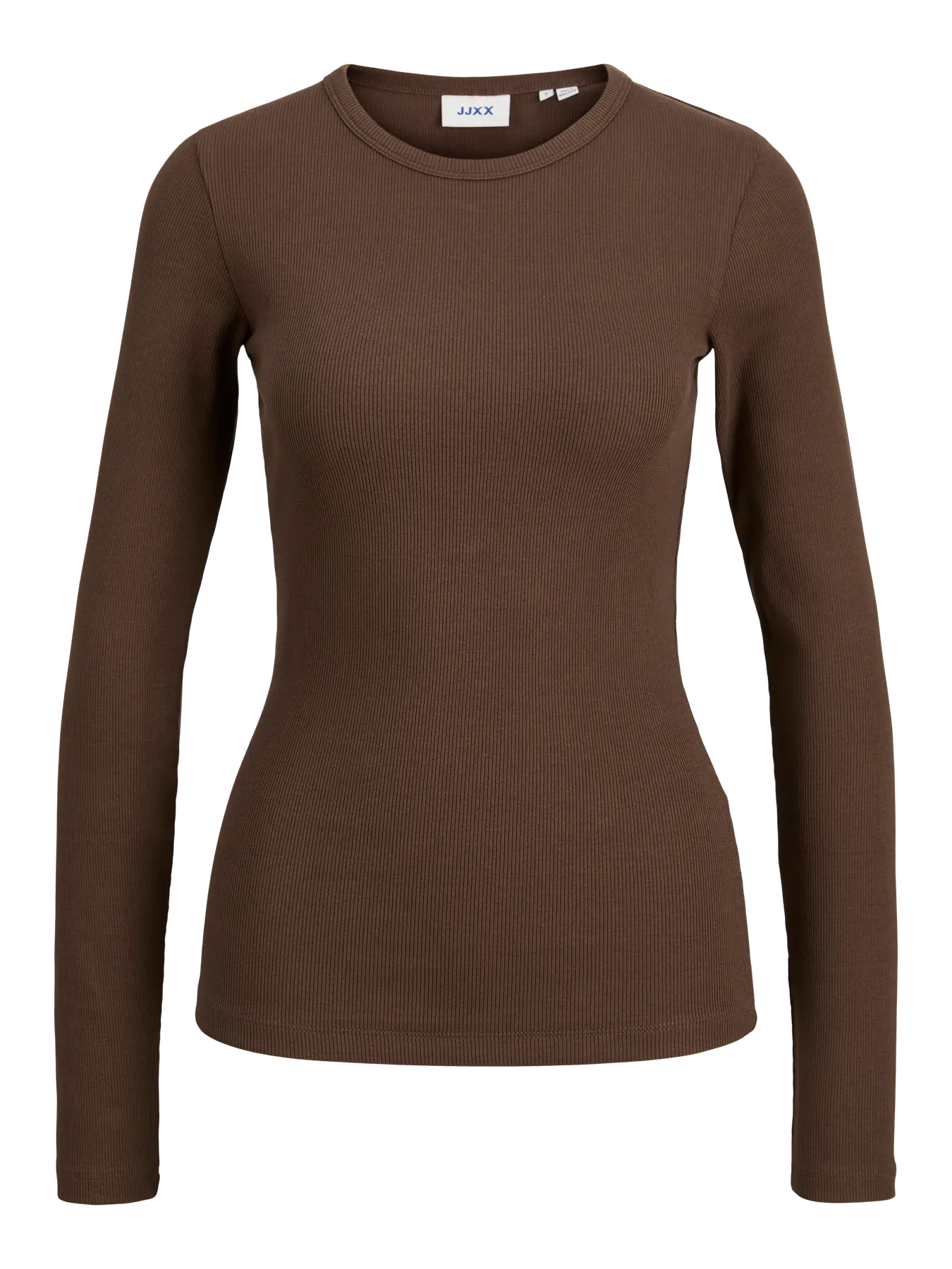 Brun ribbet t-shirt fra JJXX med lange ærmer og rund hals.