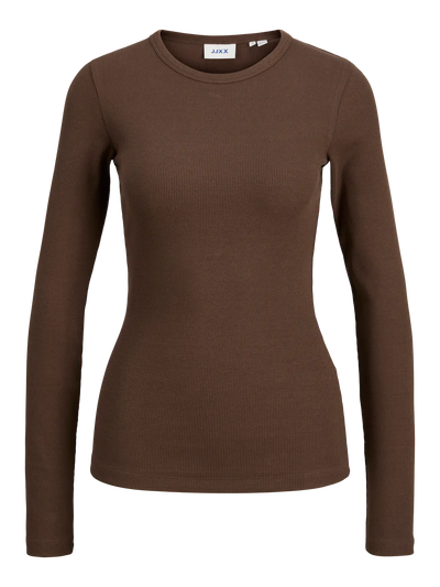 Brun ribbet t-shirt fra JJXX med lange ærmer og rund hals.