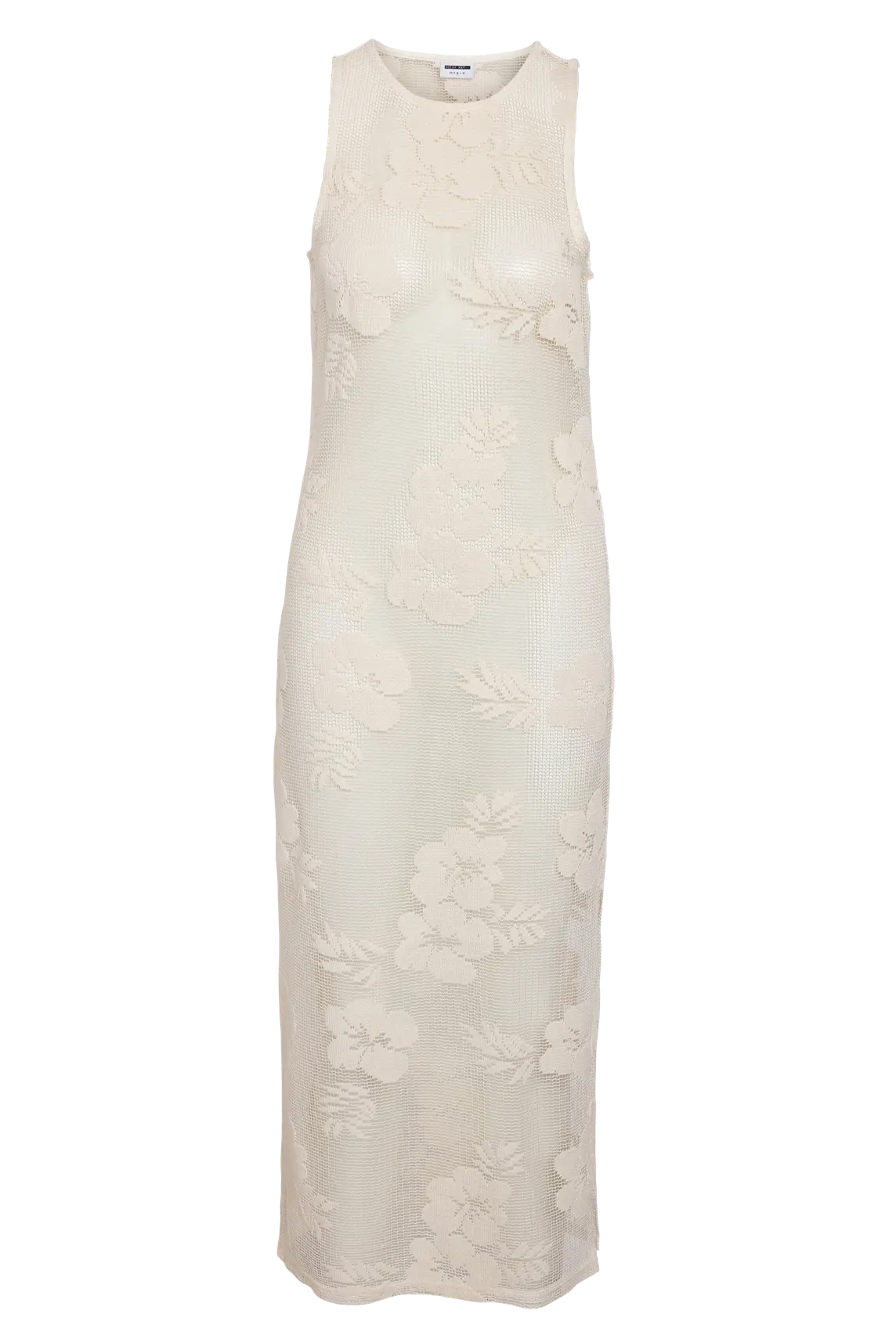 Ærmeløs kjole med blomstret lace-mønster og lang længde på ensfarvet baggrund.