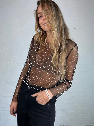 Sassy Copenhagen t-shirts & toppe Sassy - Gloria perle mesh top - Sort med perler (Bemærk preorder)