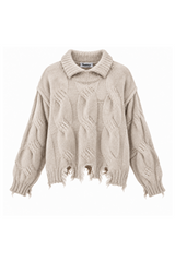 Sassy Copenhagen - Kabelstickad tröja med fransade kanter - Beige melange - Karla